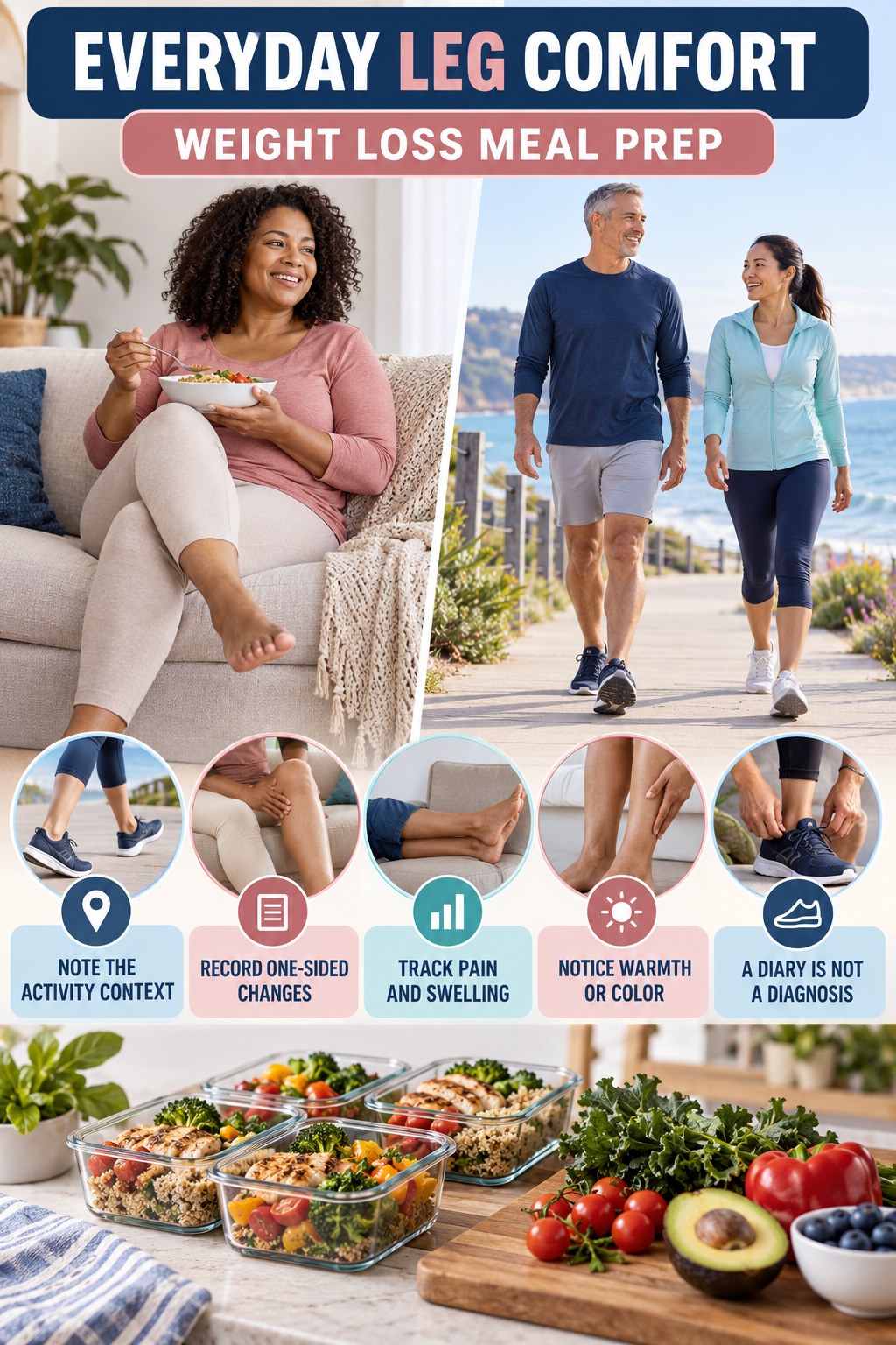 Leg Comfort Pattern Tracker infographic for Weight Loss Meal Prep with five gentle movement, position, footwear, recovery, or safety actions.