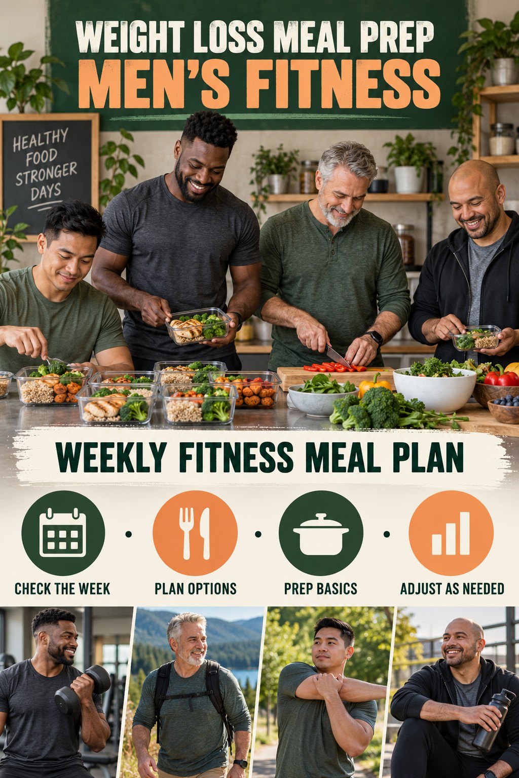 Weight Loss Meal Prep men’s fitness graphic titled Weekly Fitness Meal Plan with four practical training prompts.