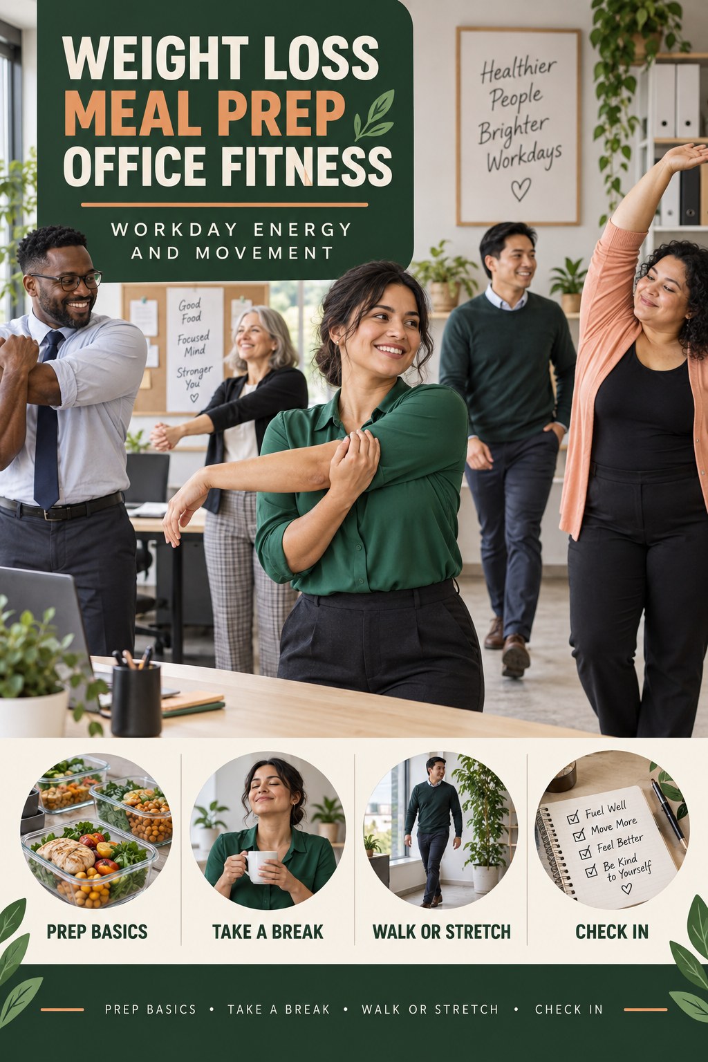 Weight Loss Meal Prep office-fitness graphic titled Workday Energy and Movement with four practical workday movement prompts.