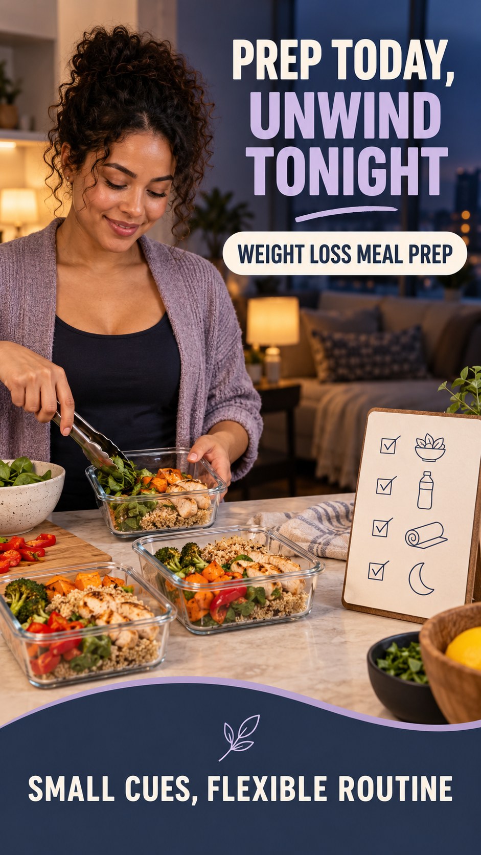Meal Prep and Sleep Routine infographic for Weight Loss Meal Prep, showing a flexible and calming evening wellness routine.