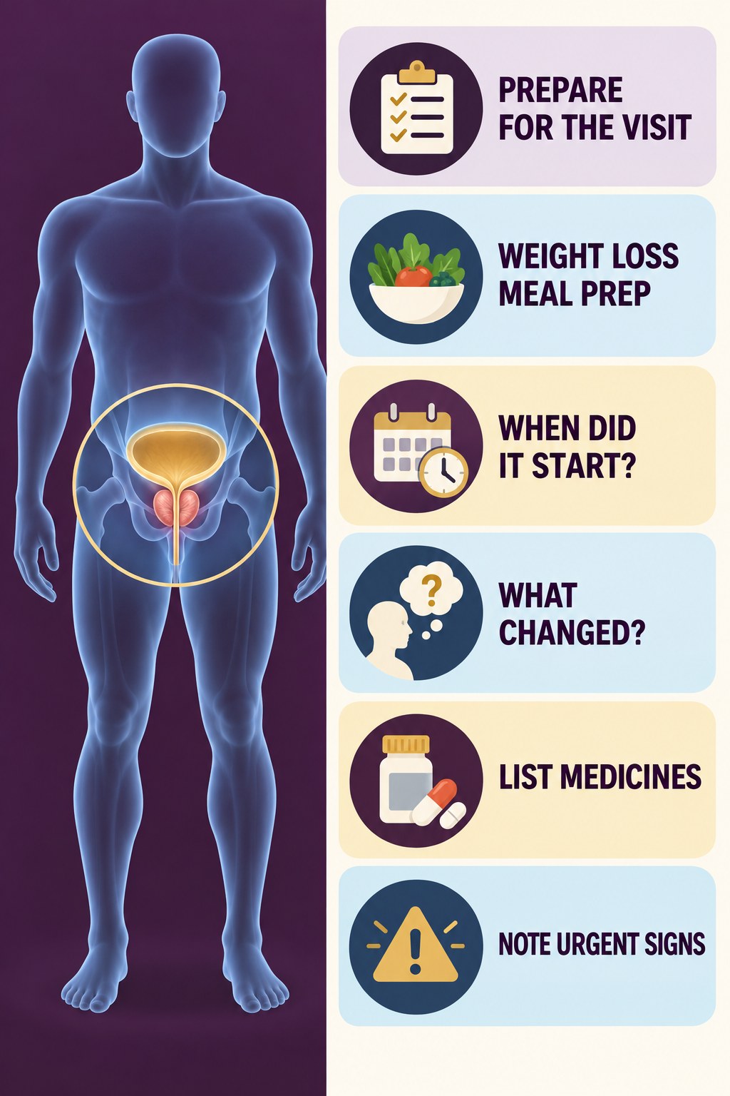 Prepare a Symptom and Medication Summary infographic for Weight Loss Meal Prep with four concise prostate-health awareness points.
