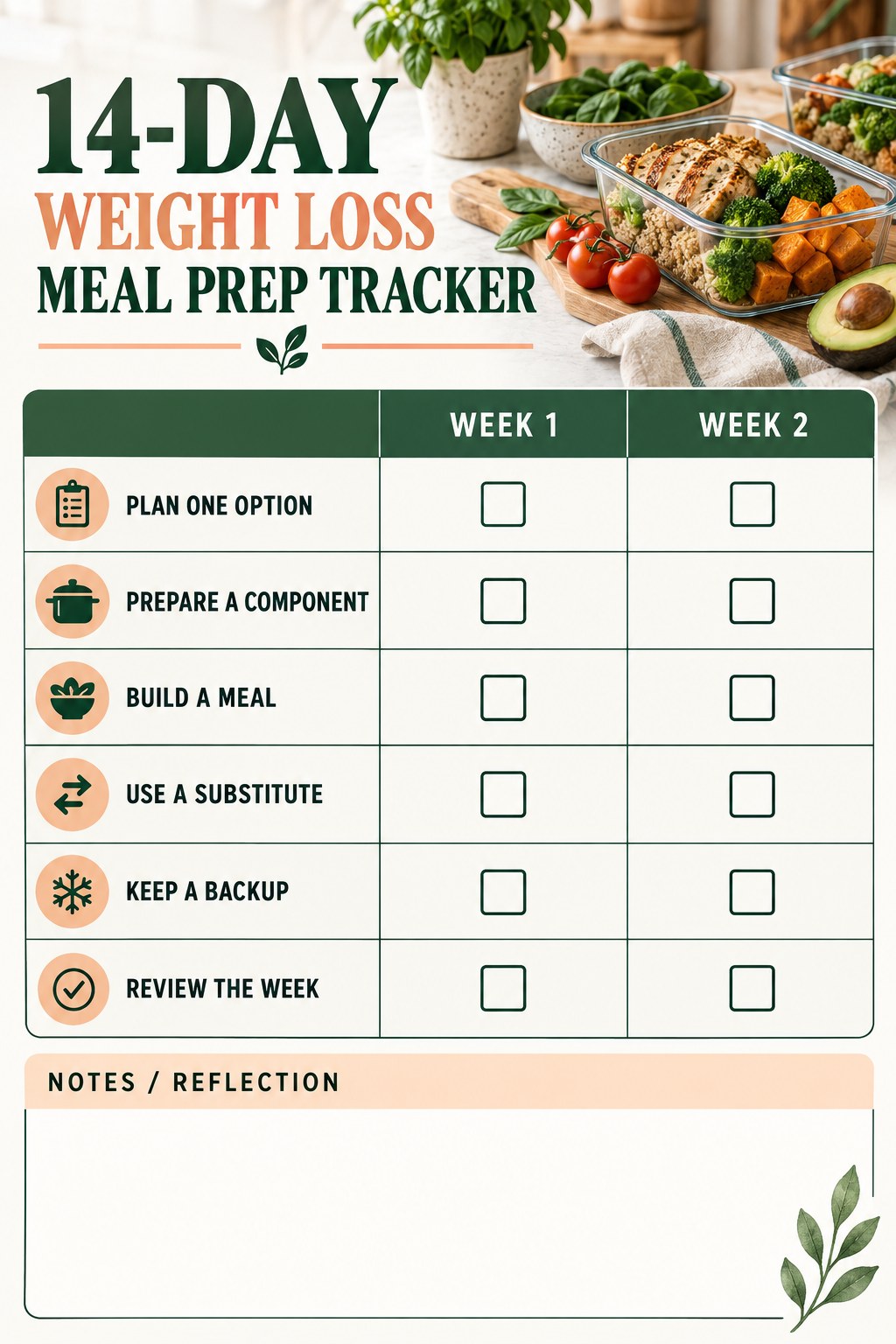 14-Day Weight Loss Meal Prep printable-style tracker graphic with six labeled rows, empty checkboxes, and a reflection area.