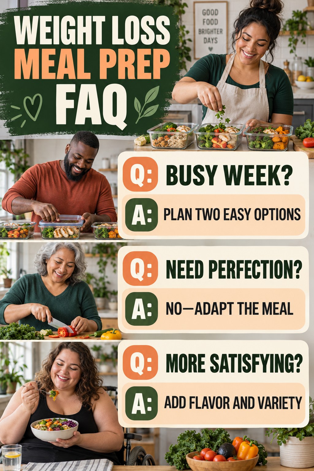 Weight Loss Meal Prep FAQ graphic with three concise questions and practical answers for beginners.