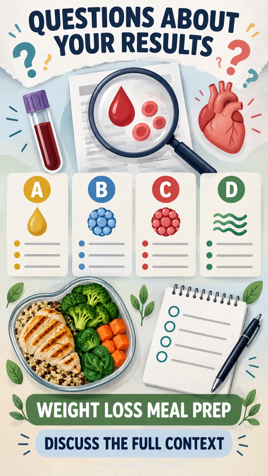 Questions for Your Clinician infographic for Weight Loss Meal Prep, using a non-numerical educational lipid-panel layout with question and context icons.