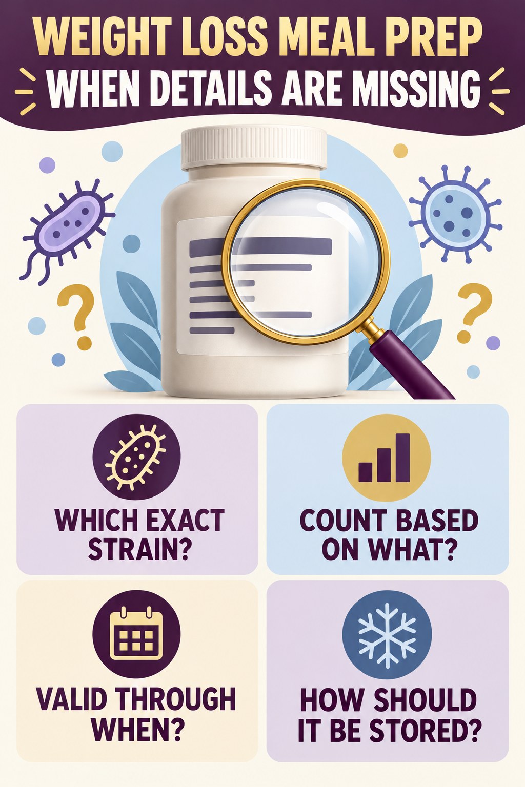 Questions to Ask About an Incomplete Label infographic for Weight Loss Meal Prep with four concise probiotic-label reading points.