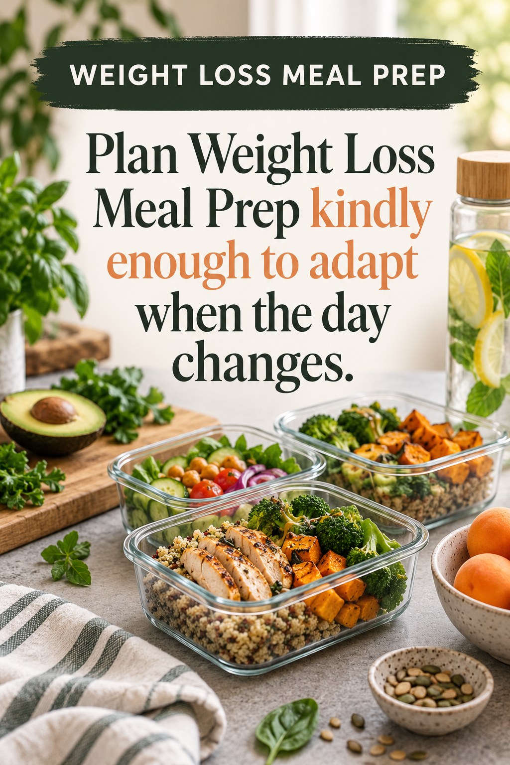 Original Weight Loss Meal Prep quote graphic reading “Plan Weight Loss Meal Prep kindly enough to adapt when the day changes.” in a board-relevant editorial design.