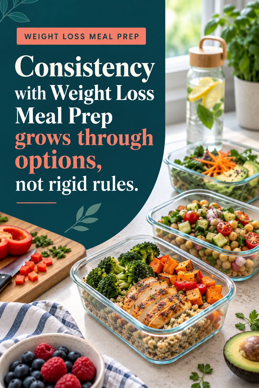 Original Weight Loss Meal Prep quote graphic reading “Consistency with Weight Loss Meal Prep grows through options, not rigid rules.” in a board-relevant editorial design.