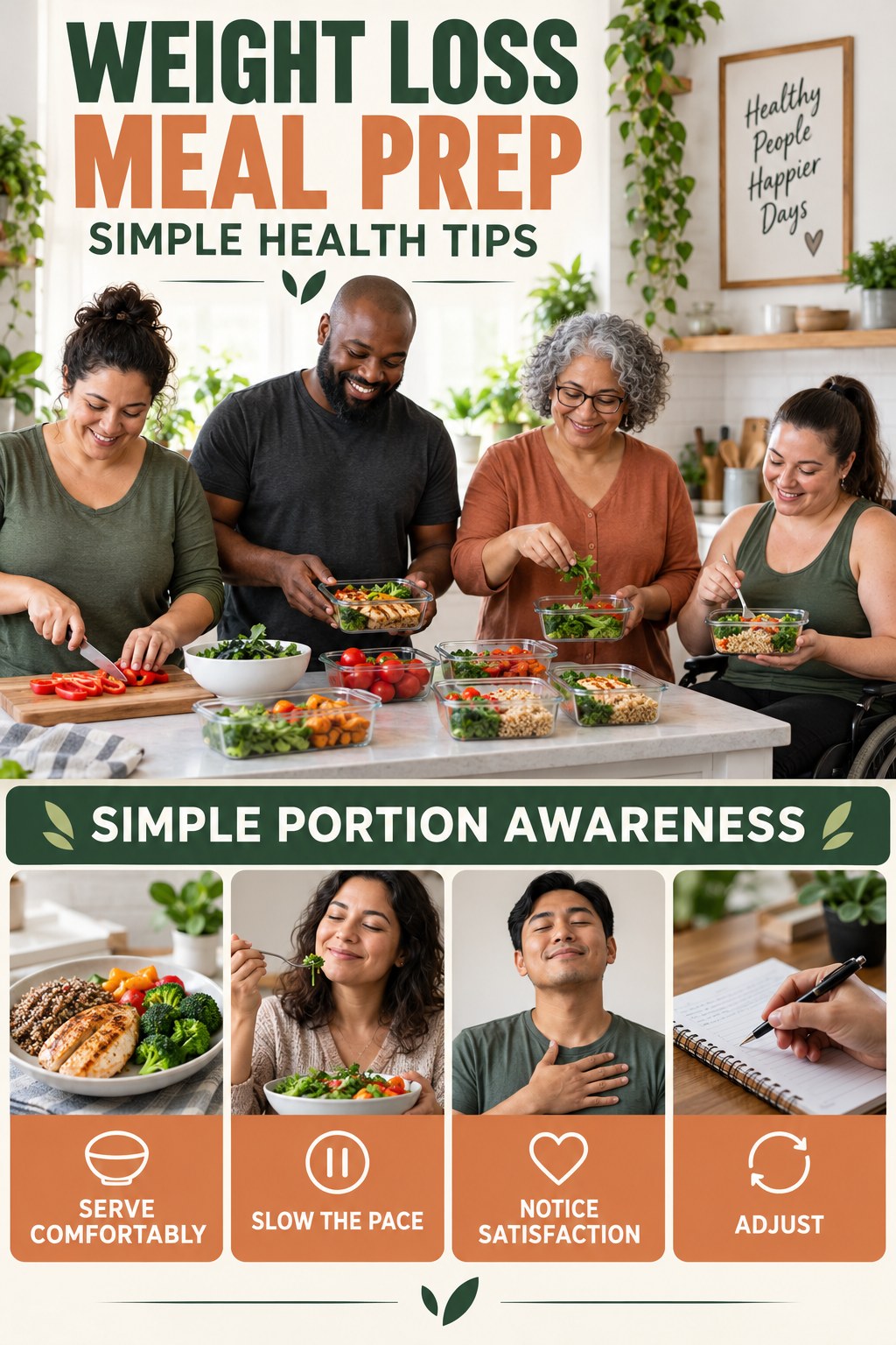 Weight Loss Meal Prep simple-health graphic titled Simple Portion Awareness with four practical wellness prompts.