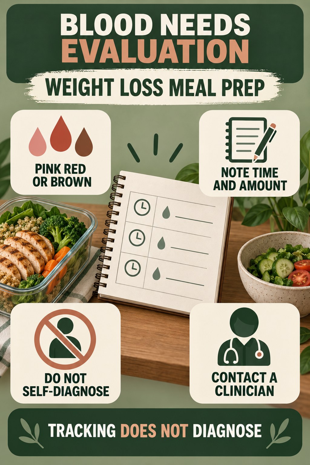 Treat Blood in Urine as a Medical Signal urinary symptom tracking infographic for Weight Loss Meal Prep with four practical diary points and a non-diagnostic reminder.