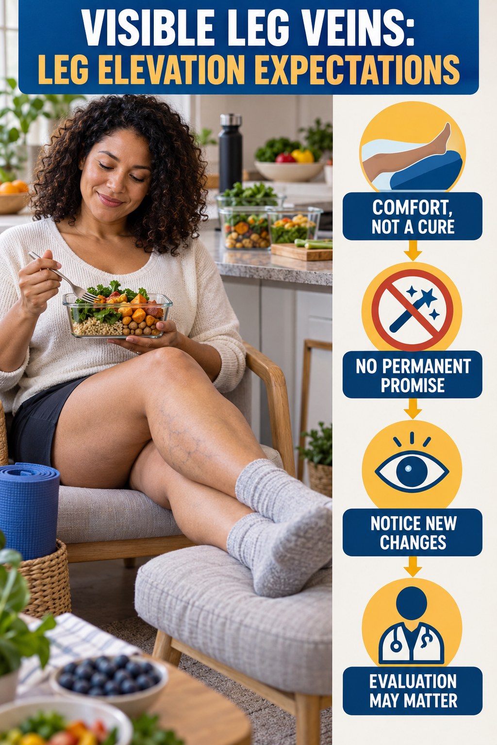 Leg Elevation Expectations infographic for Weight Loss Meal Prep, showing body-neutral visible-leg-vein appearance care and the boundary between temporary cosmetic support and treatment.