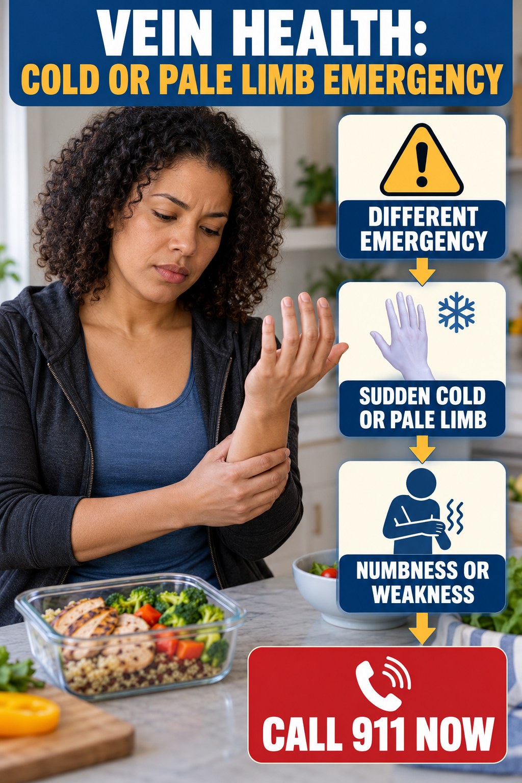 Cold or Pale Limb Emergency infographic for Weight Loss Meal Prep, explaining vein-health warning signs and the appropriate next action without diagnosing a condition.
