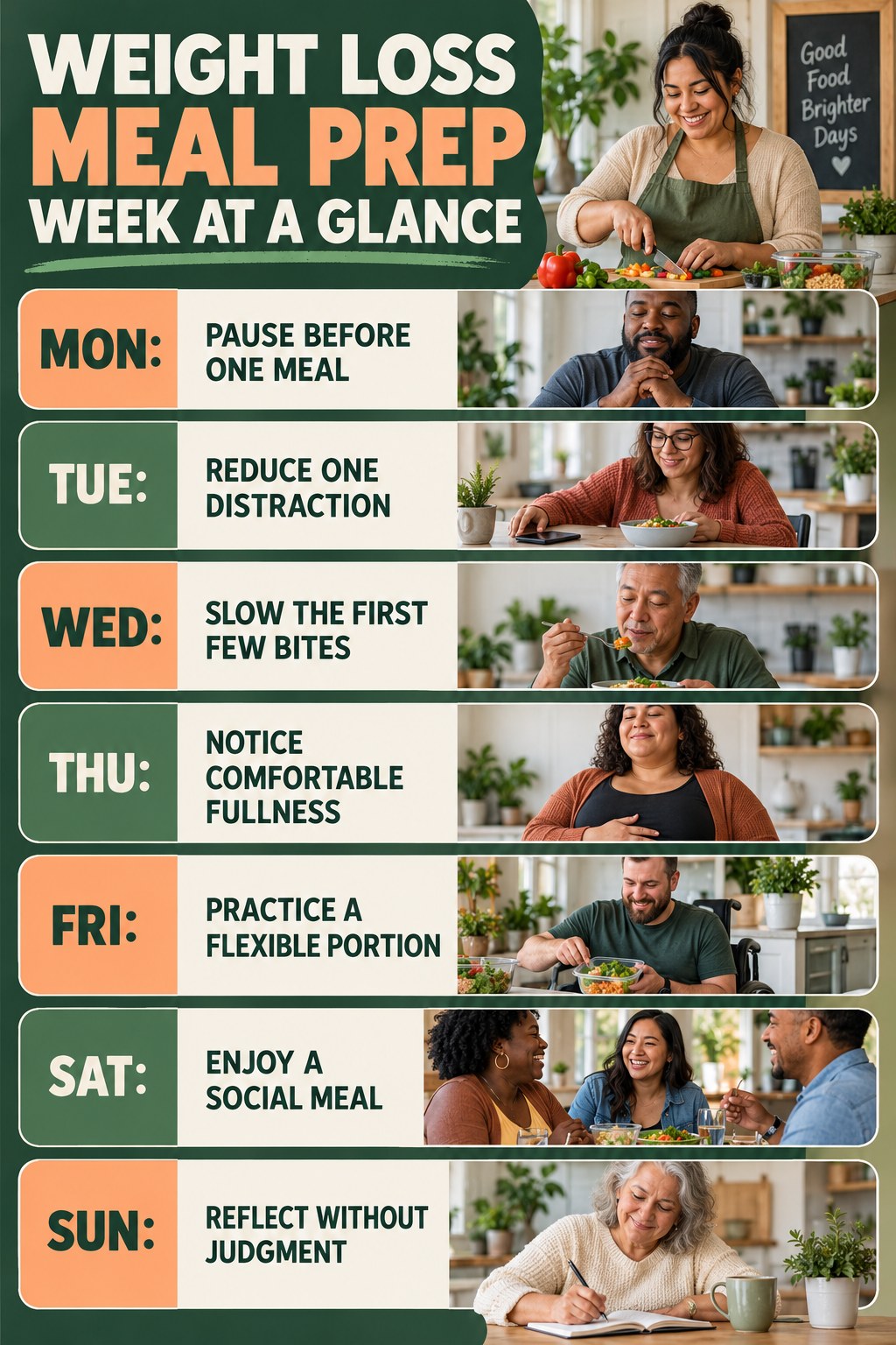 Weekly Weight Loss Meal Prep plan graphic with concise Monday-to-Sunday actions and flexible recovery guidance.