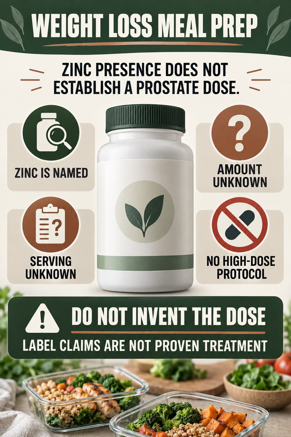 Zinc Presence Does Not Establish a Prostate Dose prostate supplement label-literacy infographic for Weight Loss Meal Prep with four careful reading points.