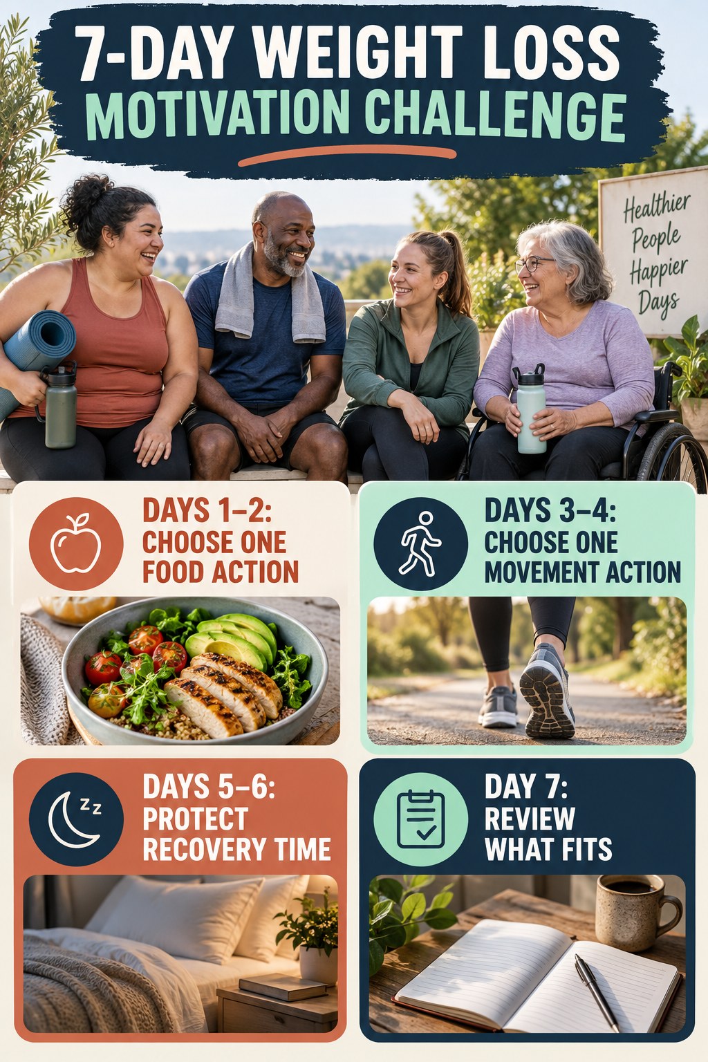 7-day Weight Loss Motivation challenge graphic showing four manageable milestones for consistent practice.