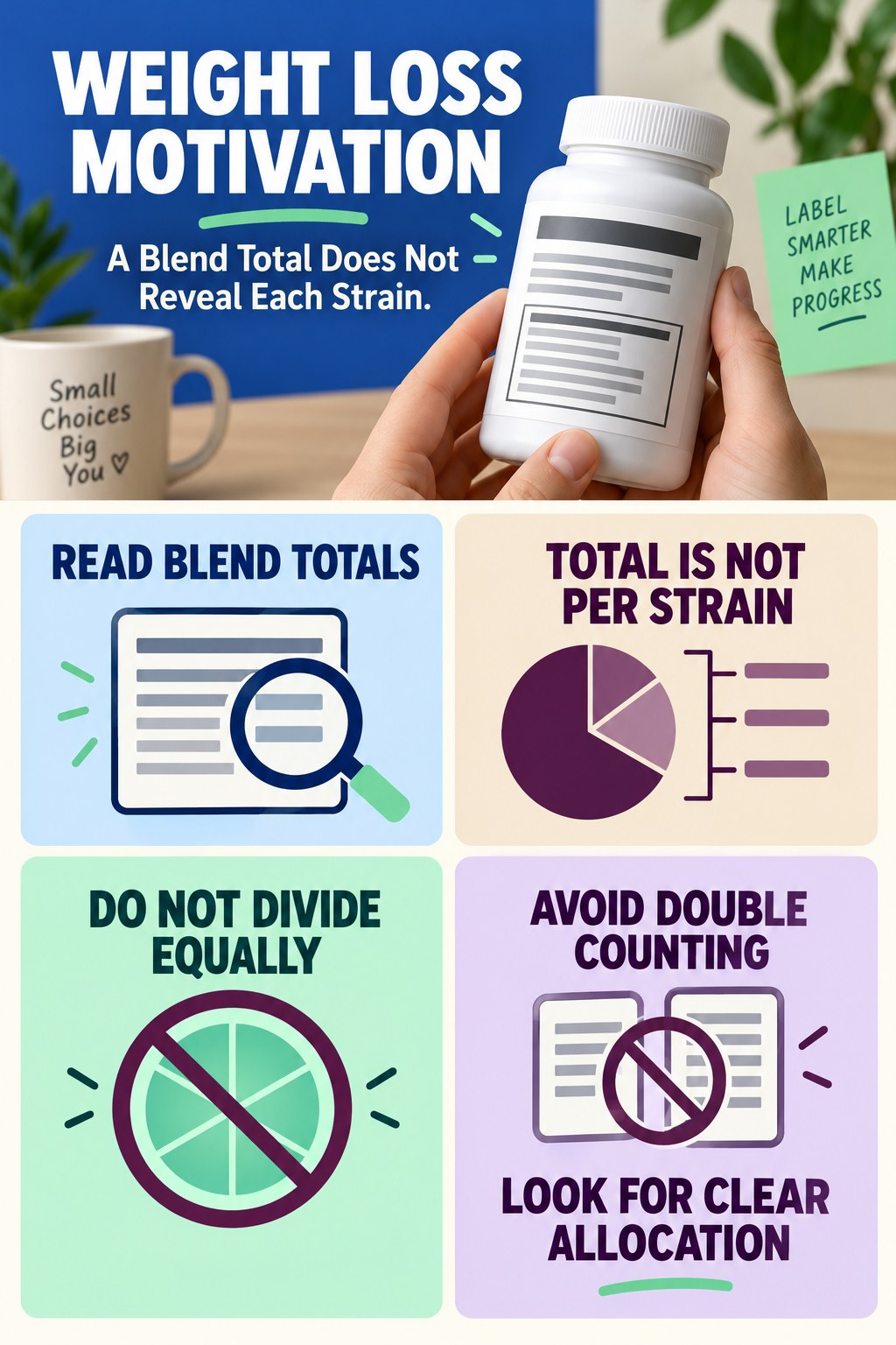 A Blend Total Does Not Reveal Each Strain infographic for Weight Loss Motivation with four concise probiotic-label reading points.