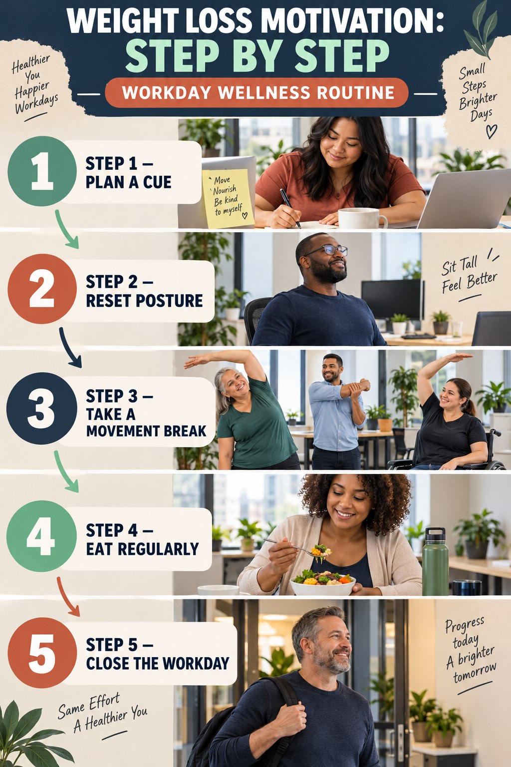 Weight Loss Motivation step-by-step graphic showing five numbered stages for workday wellness routine.