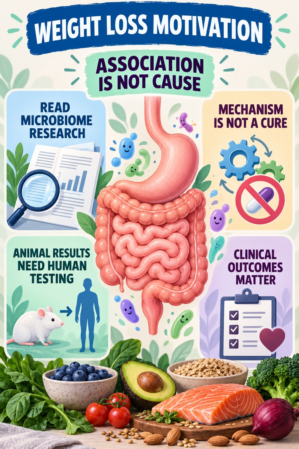 Association Is Not the Same as Cause educational infographic for Weight Loss Motivation with four evidence-aware points.