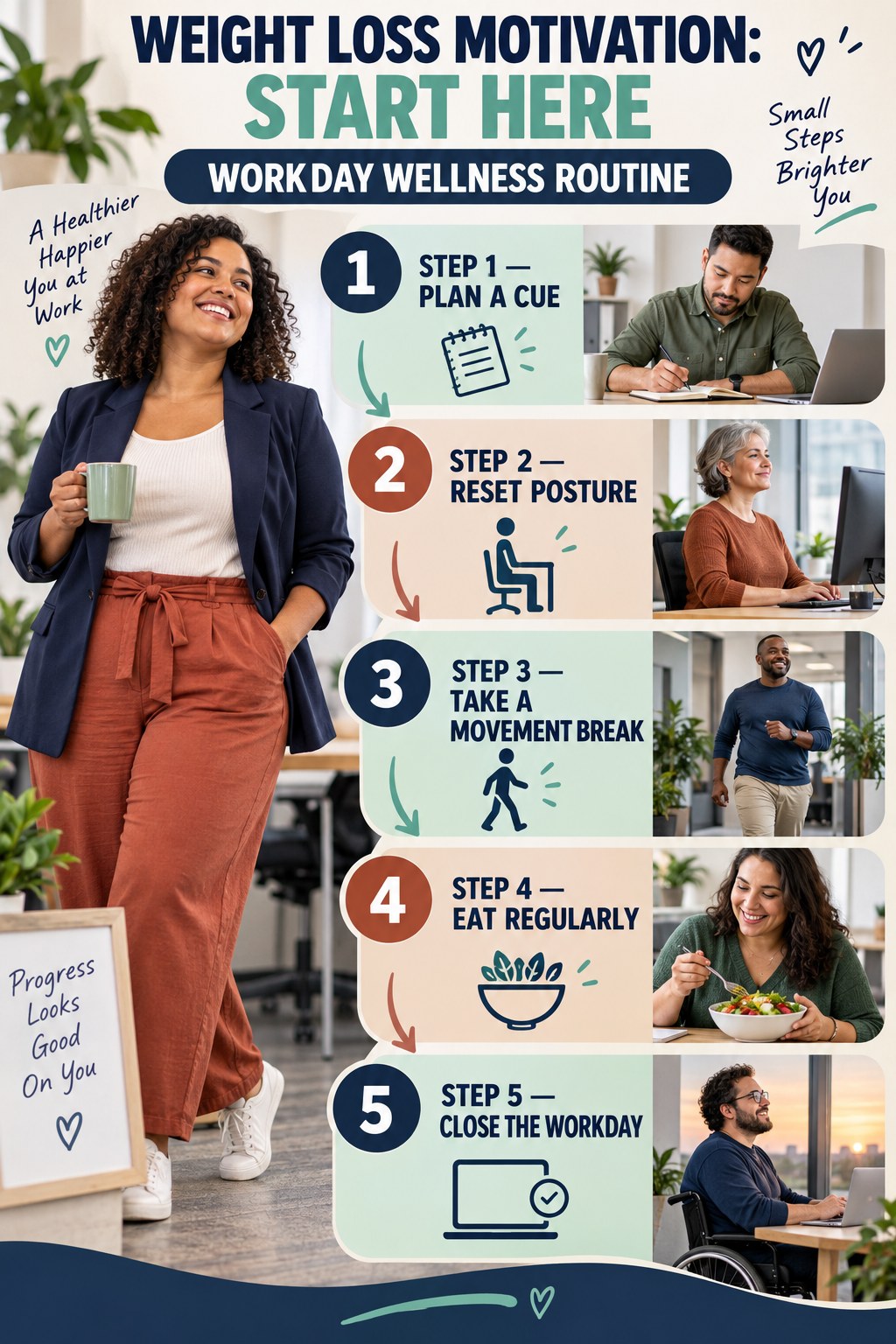 Weight Loss Motivation beginner guide graphic showing five manageable stages for workday wellness routine.