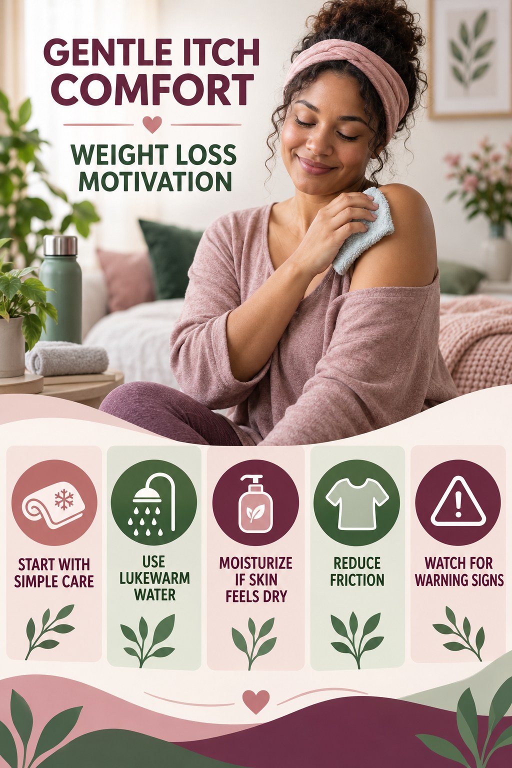 Beginner Skin Comfort Checklist infographic for Weight Loss Motivation with five gentle itchy-skin comfort strategies and a non-diagnostic safety focus.
