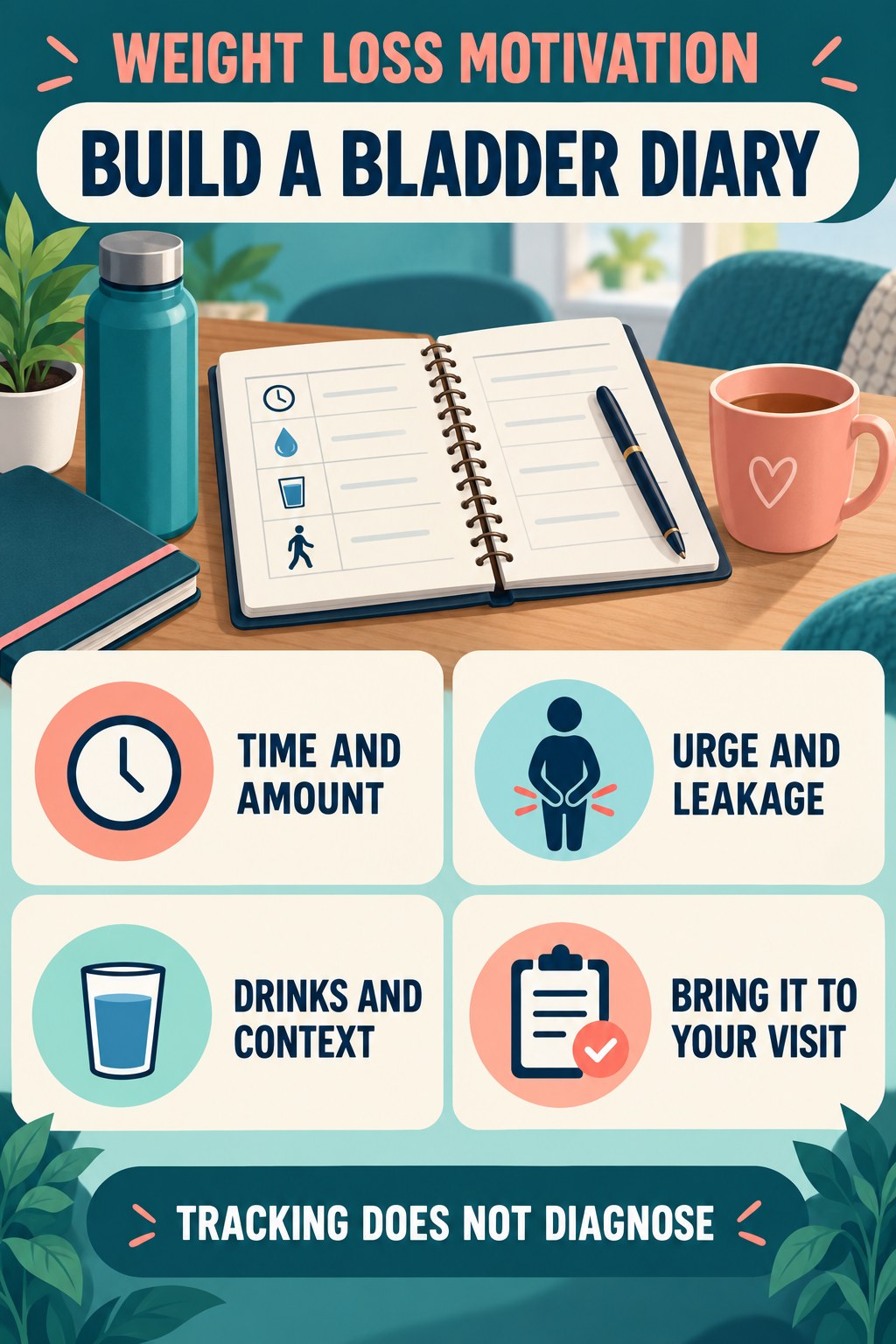 Build a Clear Bladder Diary urinary symptom tracking infographic for Weight Loss Motivation with four practical diary points and a non-diagnostic reminder.