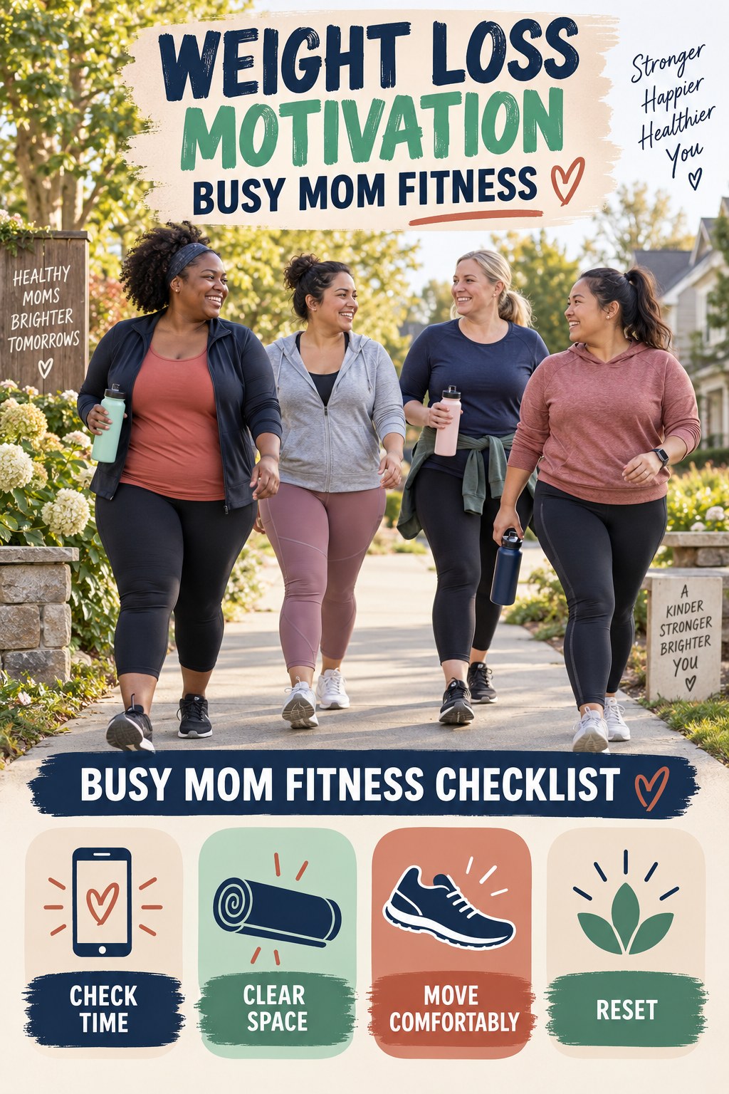 Weight Loss Motivation busy-mom fitness graphic titled Busy Mom Fitness Checklist with four practical movement prompts.