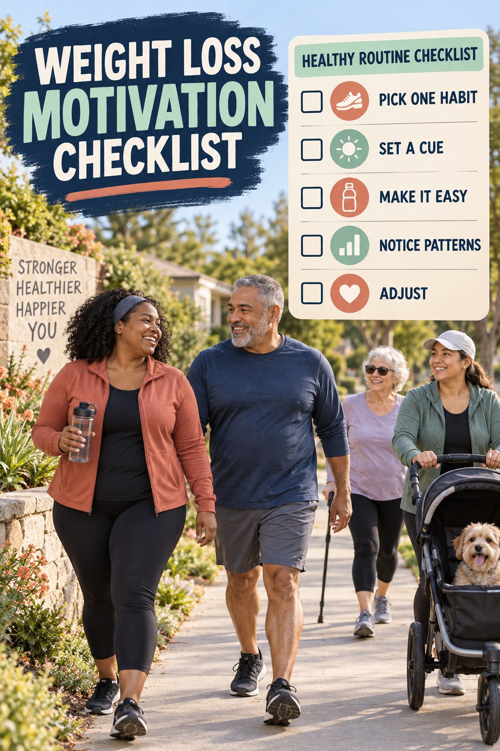 Weight Loss Motivation checklist graphic titled Healthy Routine Checklist with five clear practical wellness items.