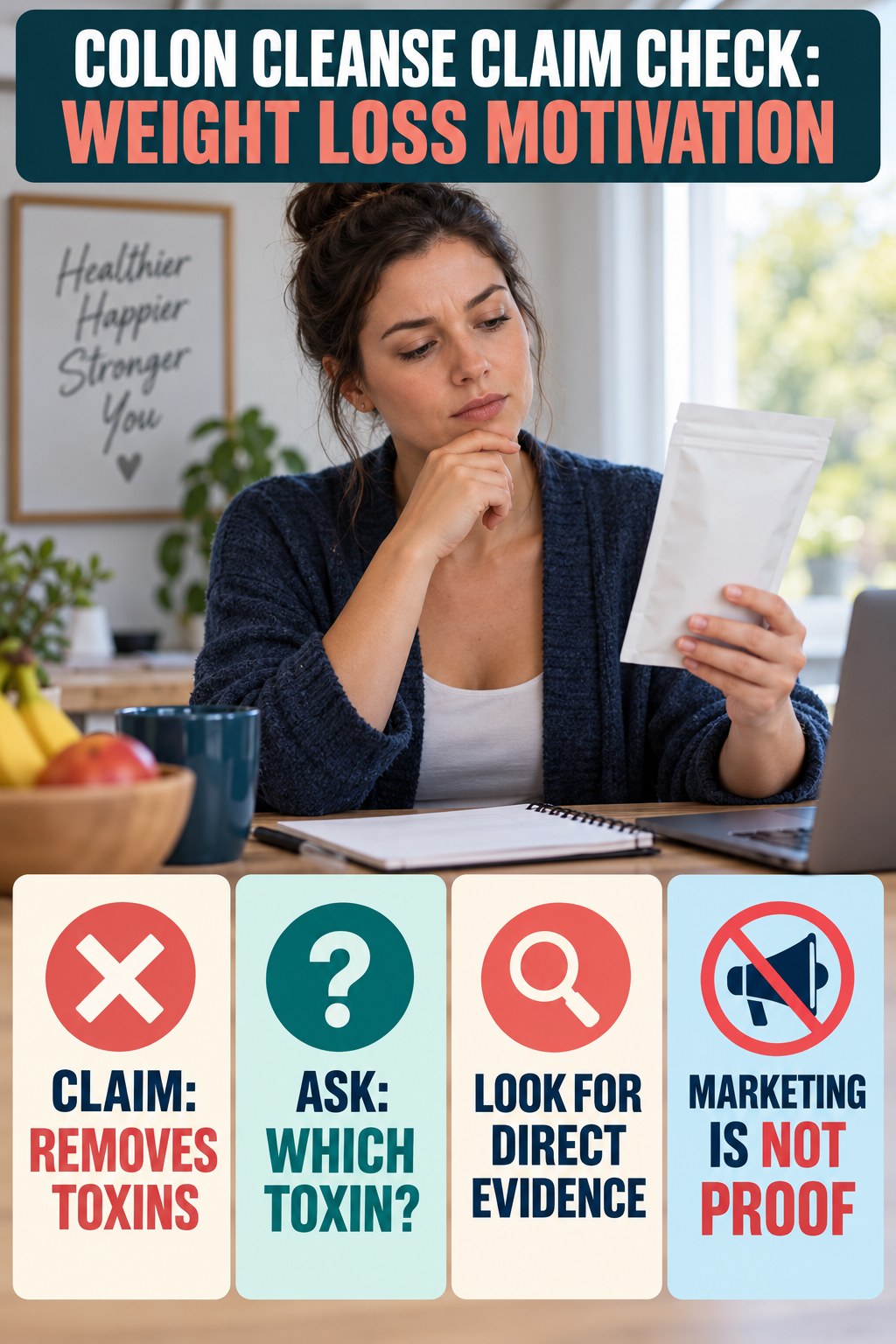Undefined Toxin Claims infographic for Weight Loss Motivation, separating a colon-cleanse marketing claim from evidence, reasonable conclusions, and safety context.