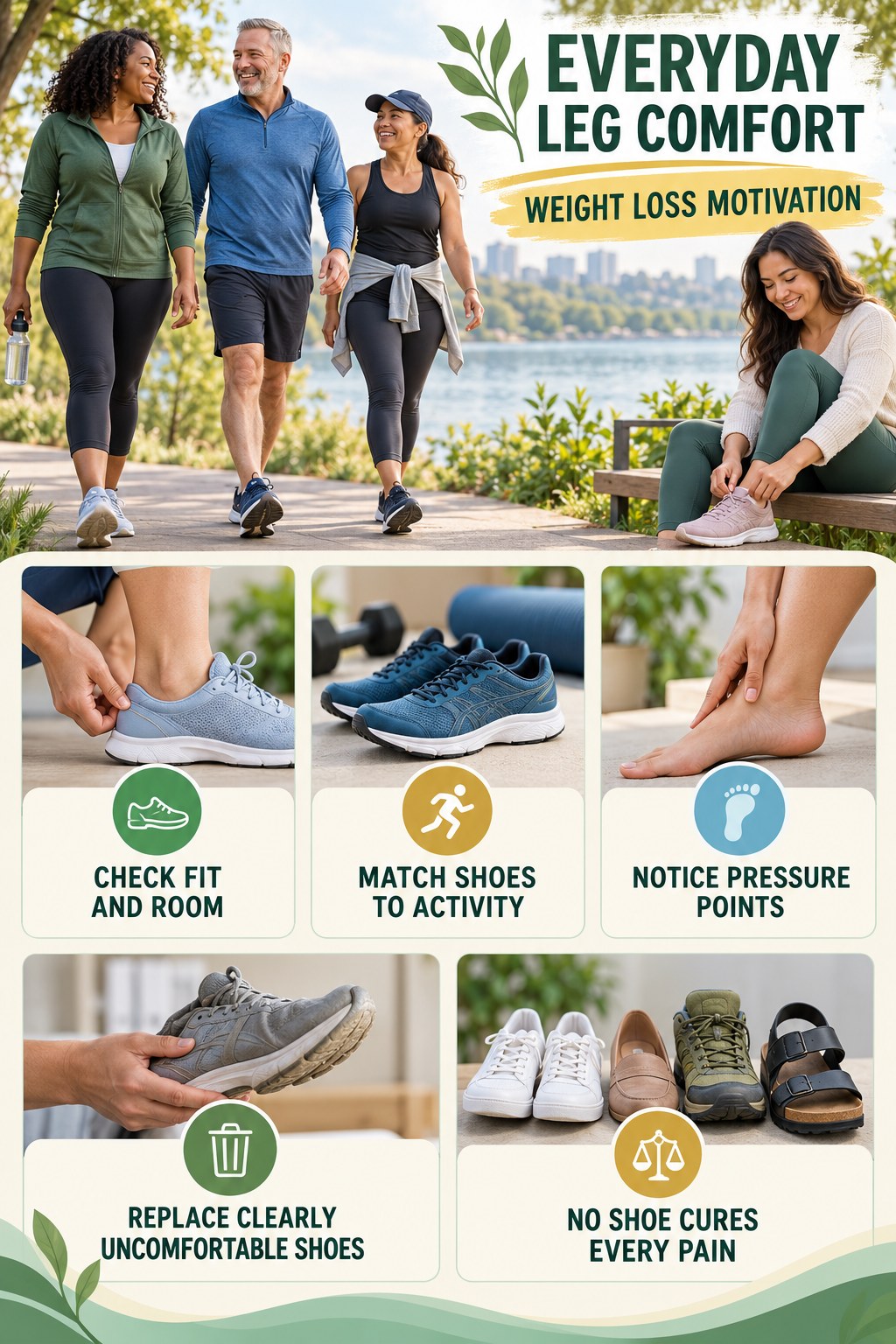 Comfortable Footwear Awareness infographic for Weight Loss Motivation with five gentle movement, position, footwear, recovery, or safety actions.