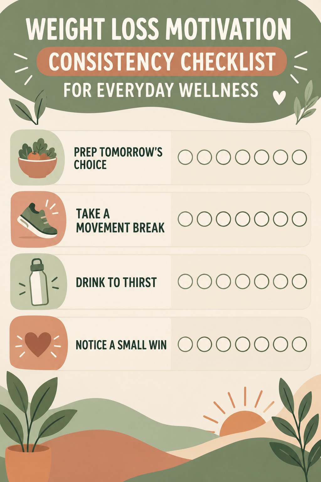 Weight Loss Motivation Consistency Checklist for Everyday Wellness infographic with checkboxes for prep tomorrow’s choice, take a movement break, drink to thirst, notice a small win.