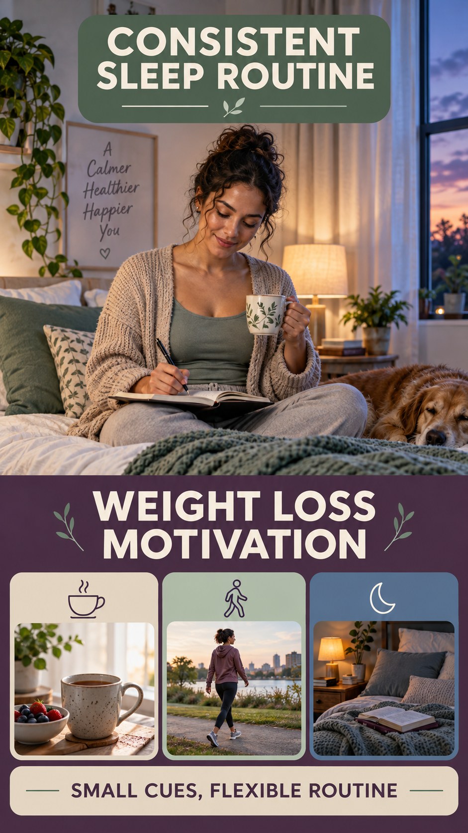 Consistent Sleep Schedule infographic for Weight Loss Motivation, showing a flexible and calming evening wellness routine.