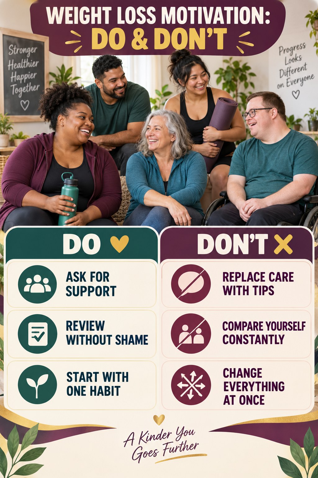 Weight Loss Motivation Do and Don’t comparison graphic showing three practical behavior pairs for weekly planning.
