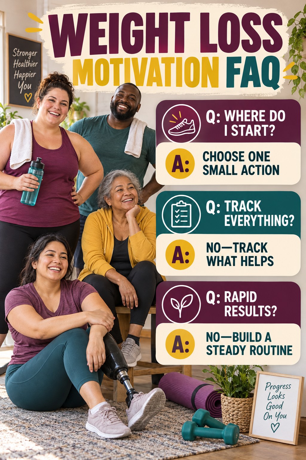 Weight Loss Motivation FAQ graphic with three concise questions and practical answers for beginners.