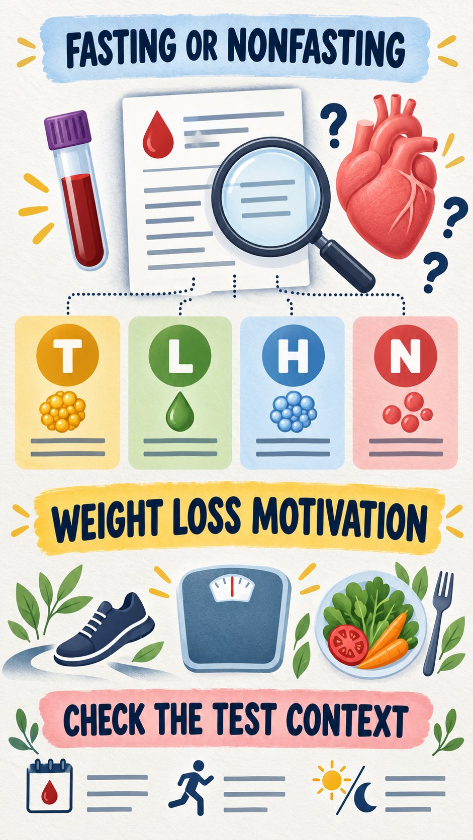 Fasting and Nonfasting Questions infographic for Weight Loss Motivation, using a non-numerical educational lipid-panel layout with question and context icons.