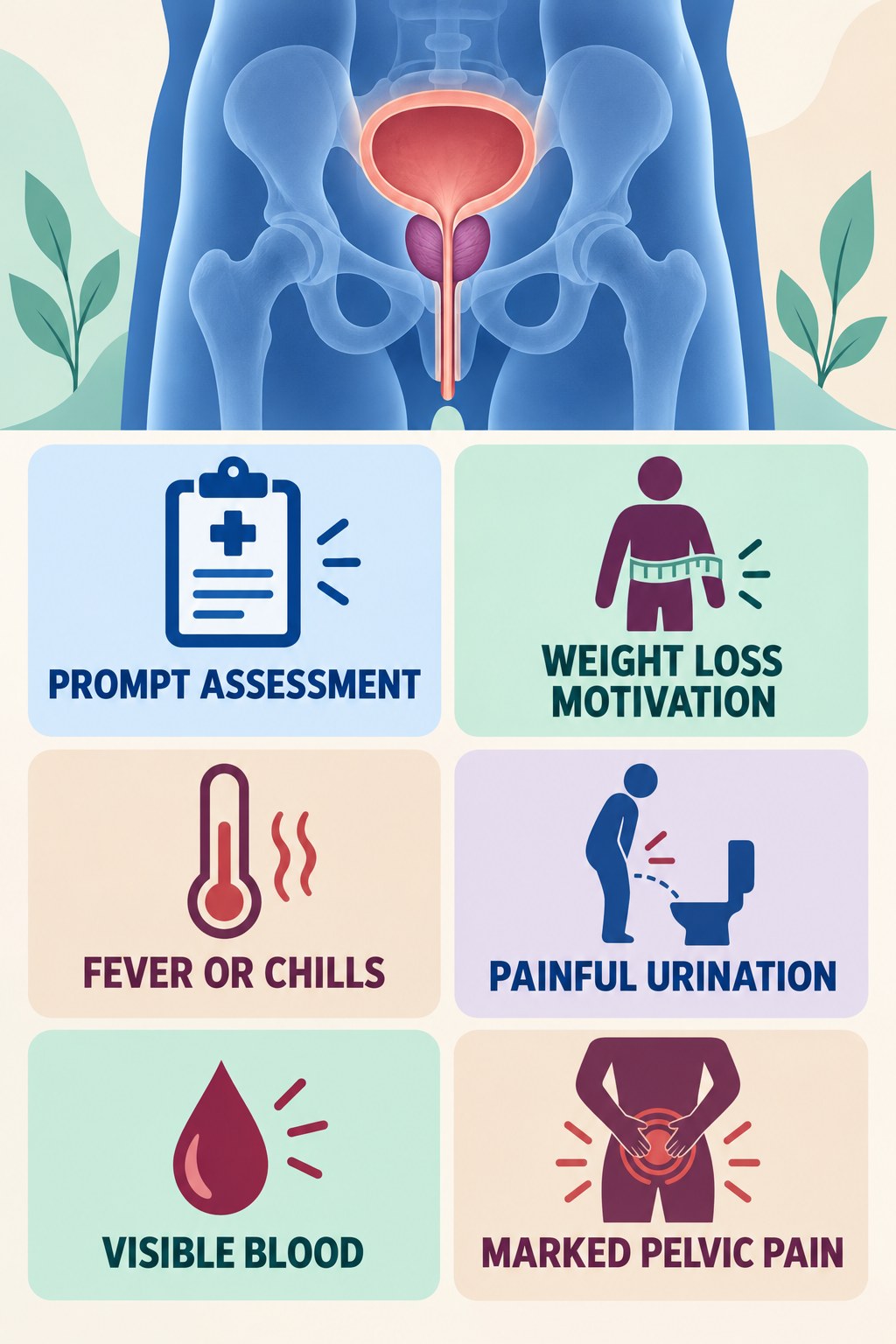 Fever, Chills, and Urinary Pain Need Prompt Assessment infographic for Weight Loss Motivation with four concise prostate-health awareness points.