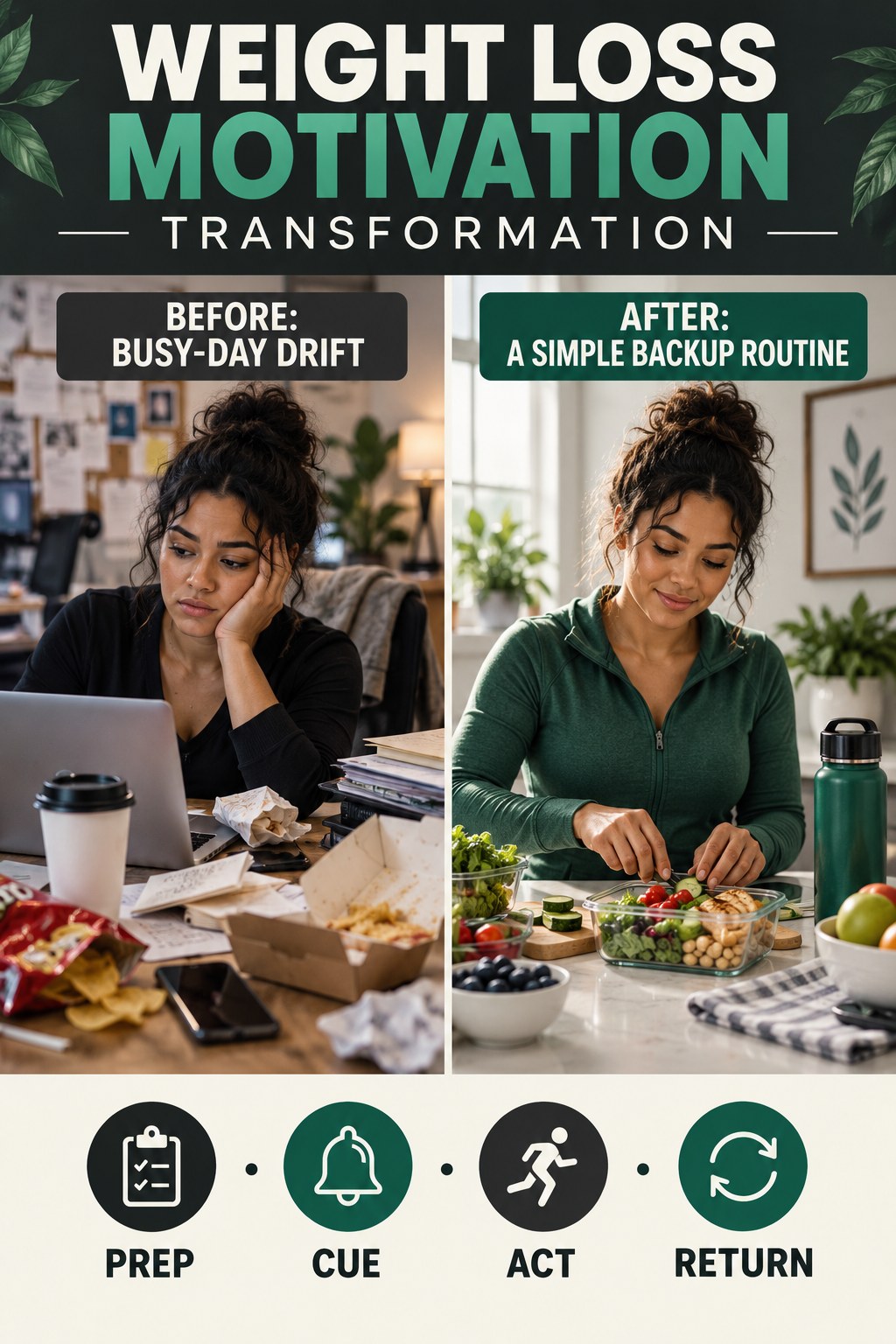 Weight Loss Motivation habit transformation graphic comparing busy-day drift with a simple backup routine using four practical steps.