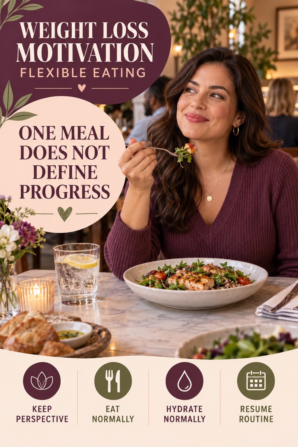 Weight Loss Motivation flexible eating graphic titled One Meal Does Not Define Progress with four practical balance prompts.