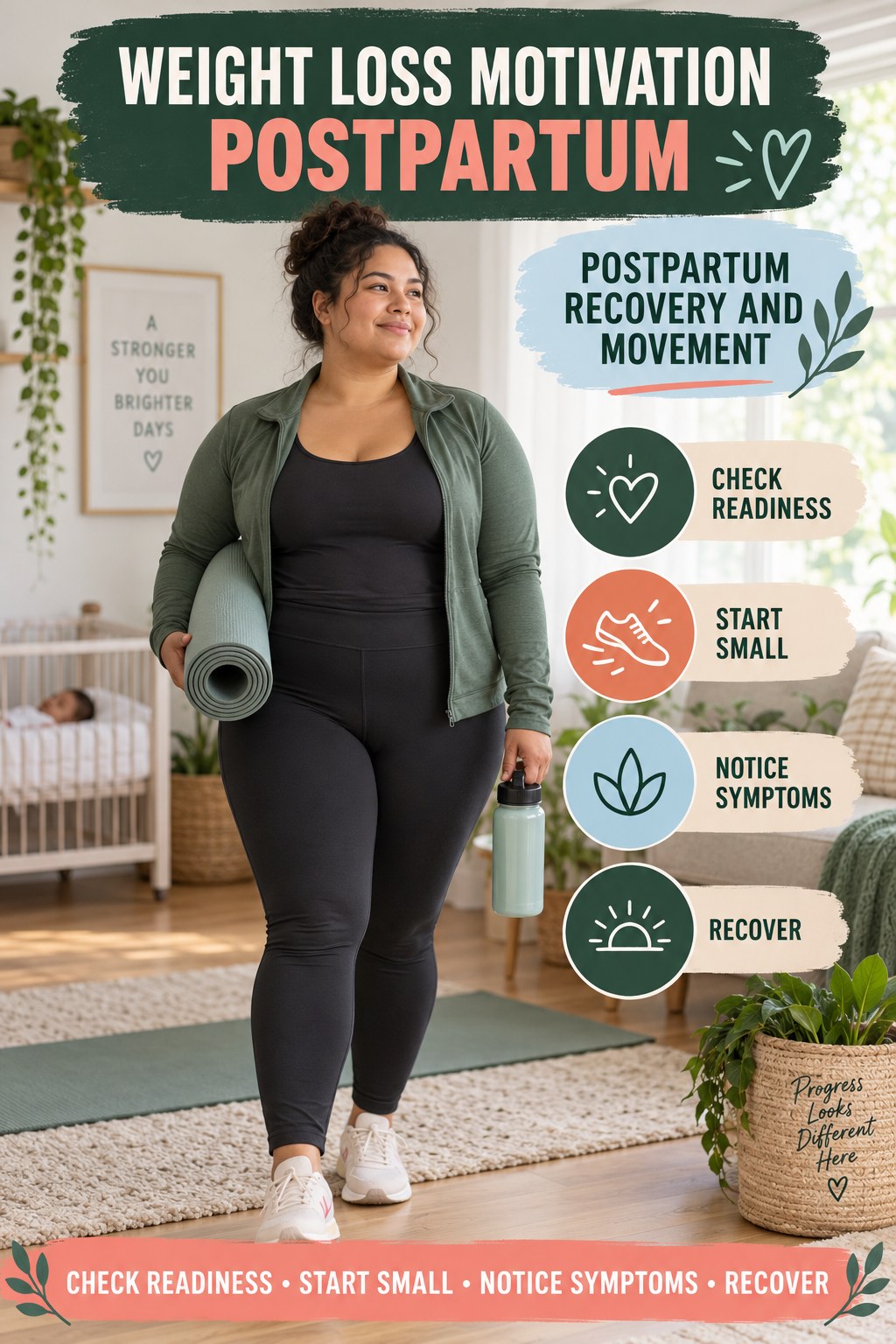 Weight Loss Motivation postpartum graphic titled Postpartum Recovery and Movement with four gradual recovery-aware prompts.
