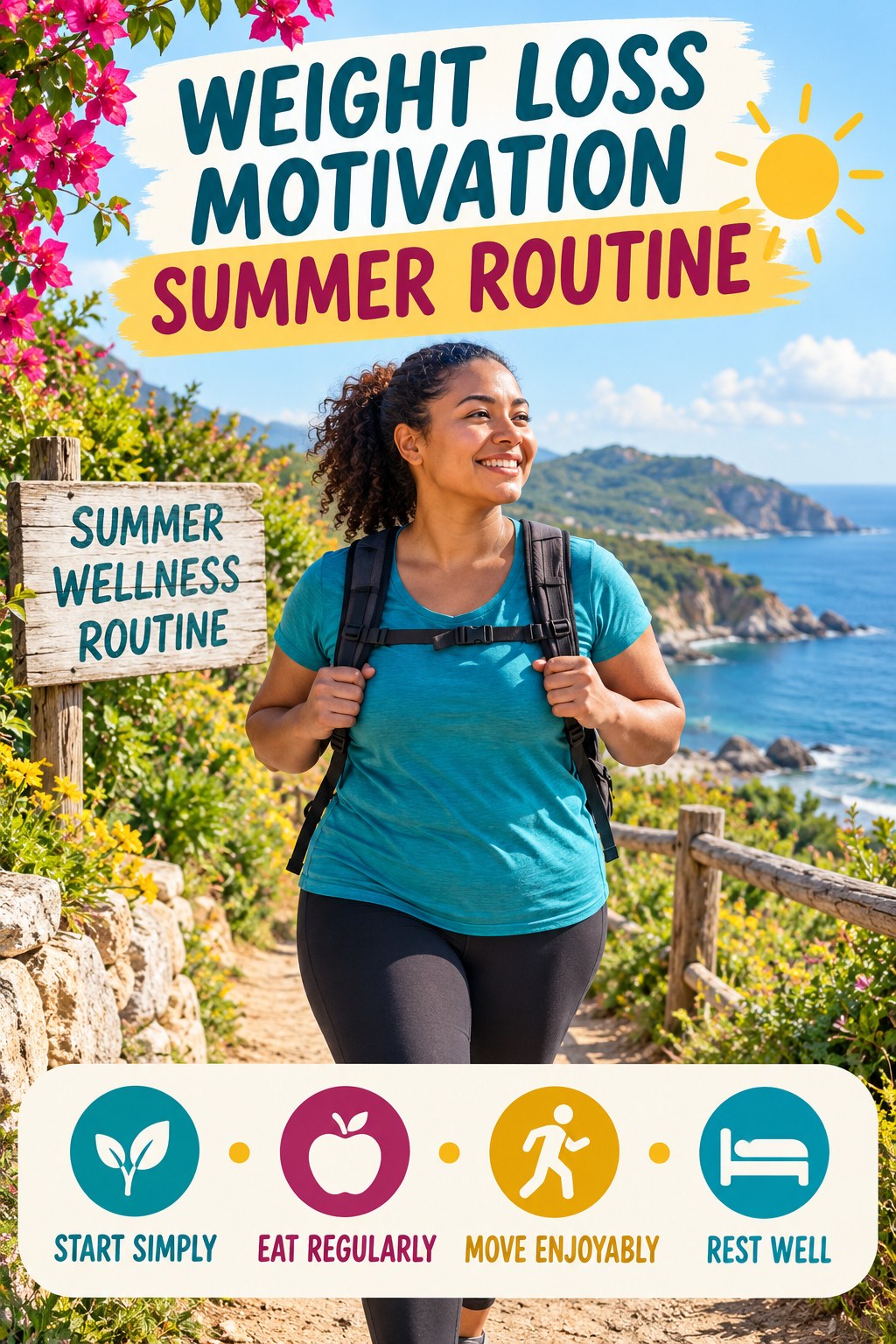 Weight Loss Motivation summer routine graphic titled Summer Wellness Routine with four practical wellness prompts.