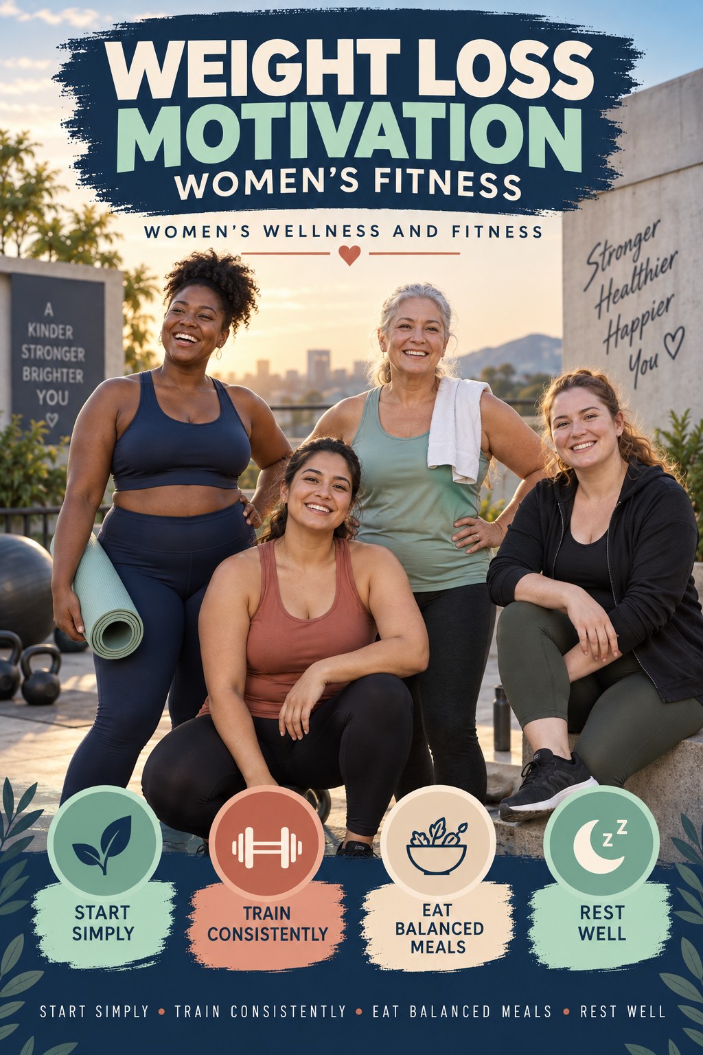 Weight Loss Motivation women’s fitness graphic titled Women’s Wellness and Fitness with four practical training prompts.
