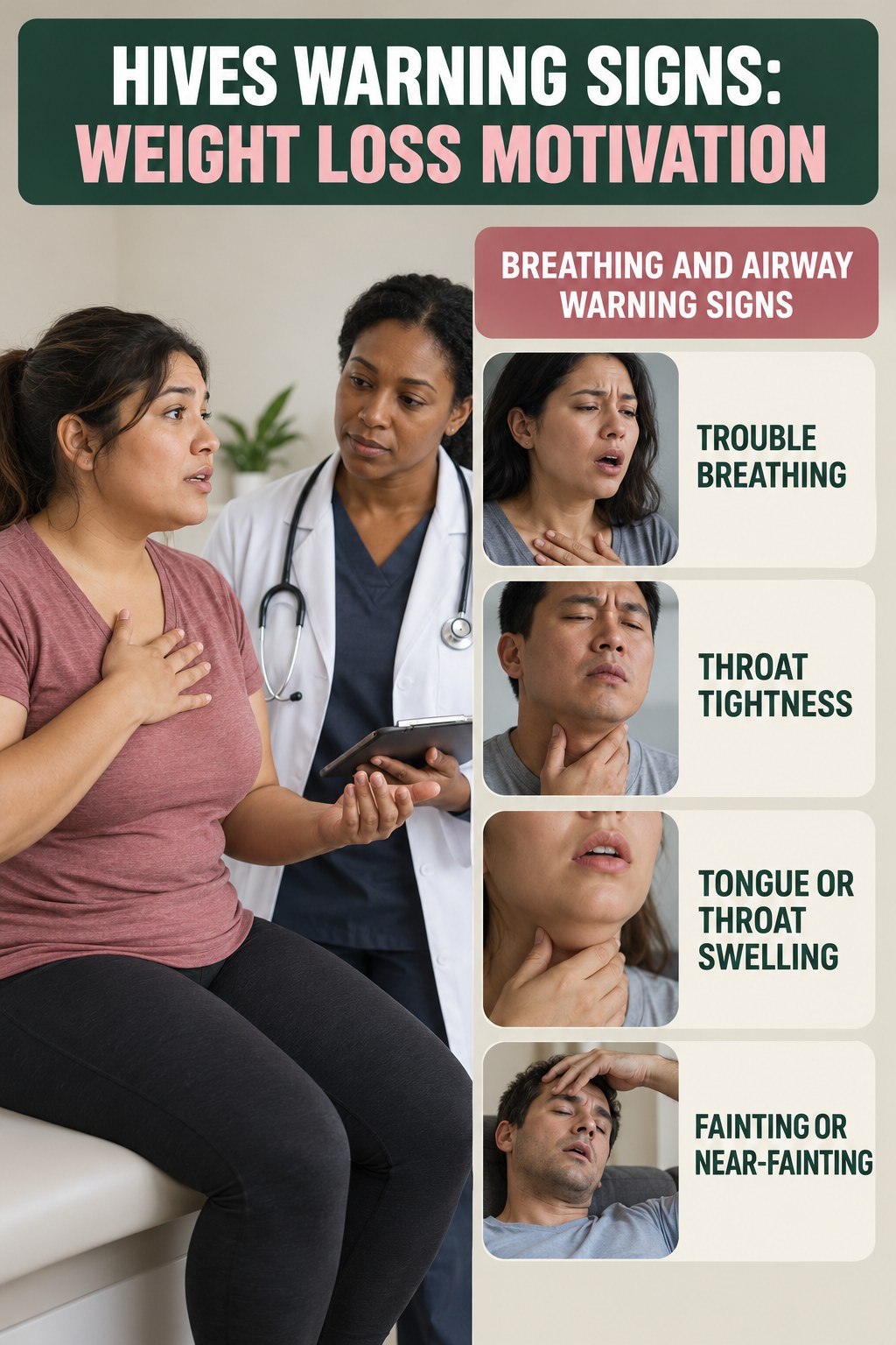 Breathing and Airway Warning Signs infographic for Weight Loss Motivation, highlighting urgent breathing, throat, swelling, fainting, and rapid-progression warning signs without diagnosing hives.