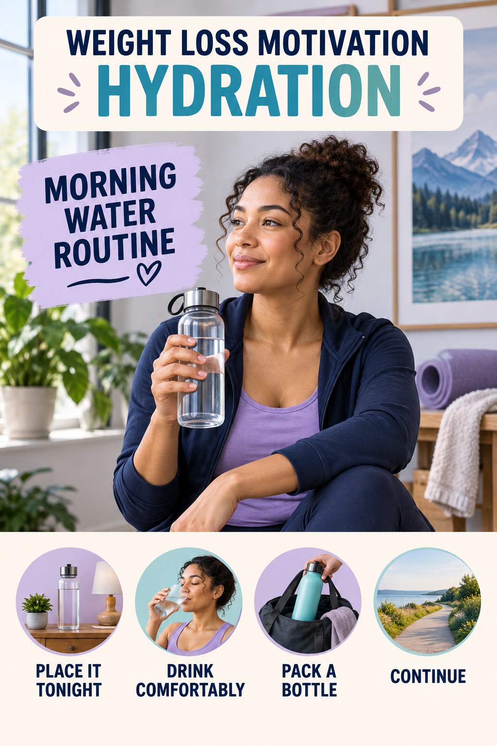 Weight Loss Motivation hydration graphic titled Morning Water Routine with four flexible water-habit prompts and no fixed intake target.