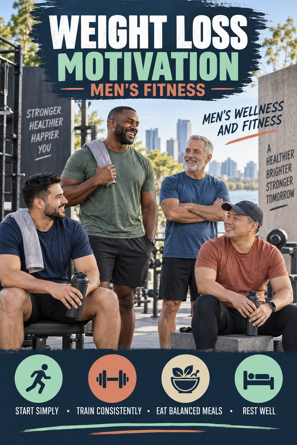 Weight Loss Motivation men’s fitness graphic titled Men’s Wellness and Fitness with four practical training prompts.