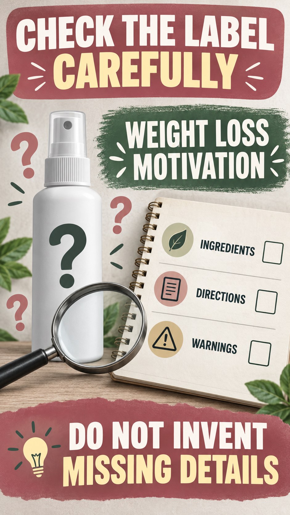 Missing Information Audit infographic for Weight Loss Motivation, showing a generic spray-label checklist that separates available facts, missing details, and evidence questions.
