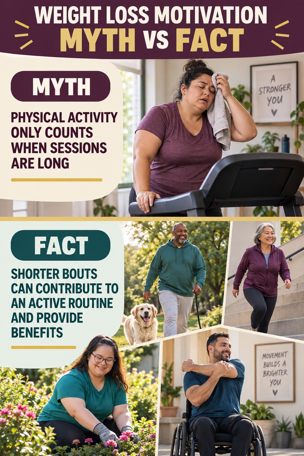 Weight Loss Motivation Myth vs Fact graphic correcting the misconception about activity duration.