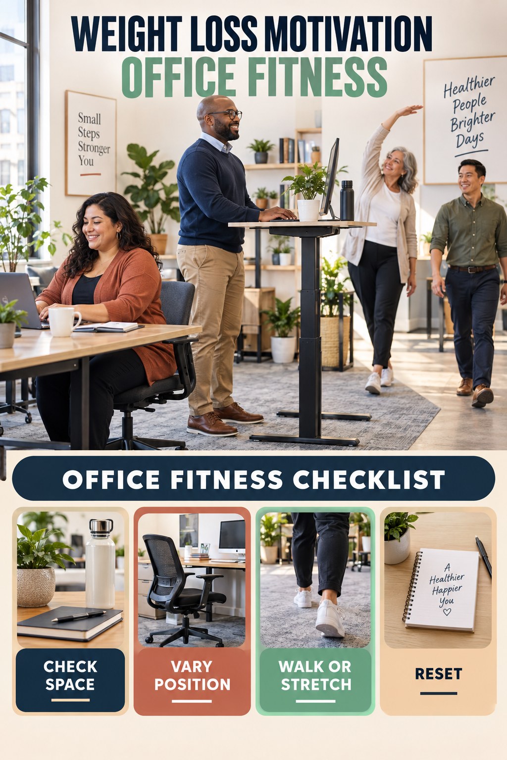 Weight Loss Motivation office-fitness graphic titled Office Fitness Checklist with four practical workday movement prompts.