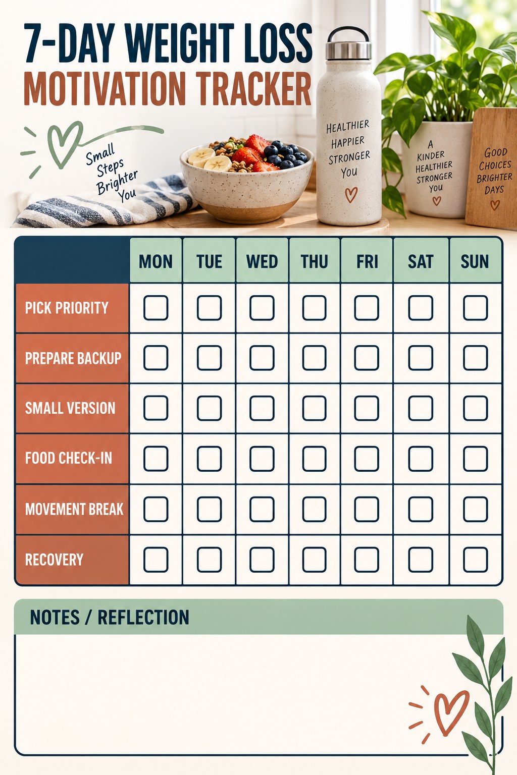 7-Day Weight Loss Motivation printable-style tracker graphic with six labeled rows, empty checkboxes, and a reflection area.