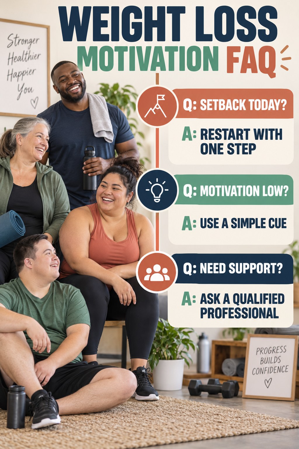 Weight Loss Motivation FAQ graphic with three concise questions and practical answers for beginners.