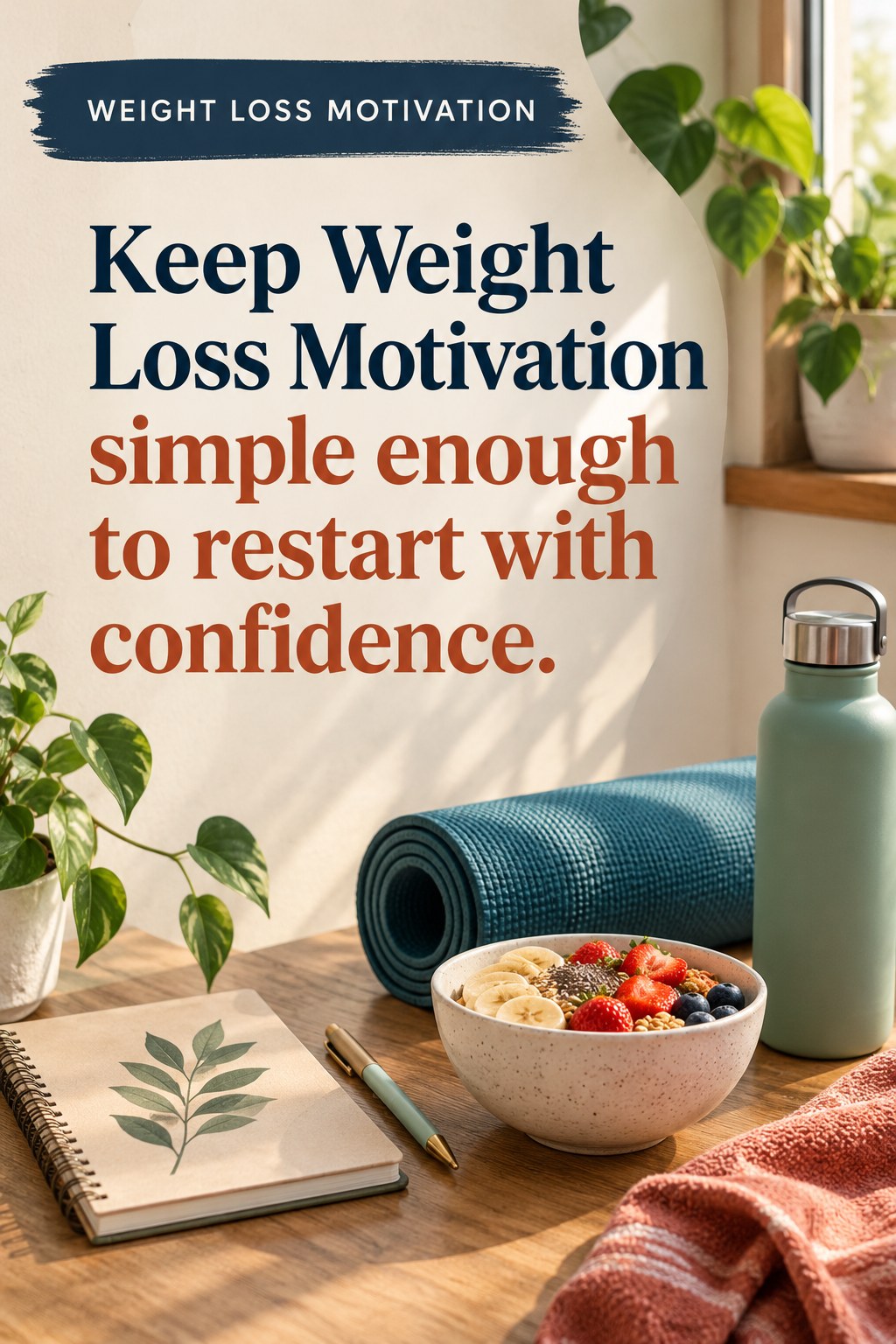 Original Weight Loss Motivation quote graphic reading “Keep Weight Loss Motivation simple enough to restart with confidence.” in a board-relevant editorial design.