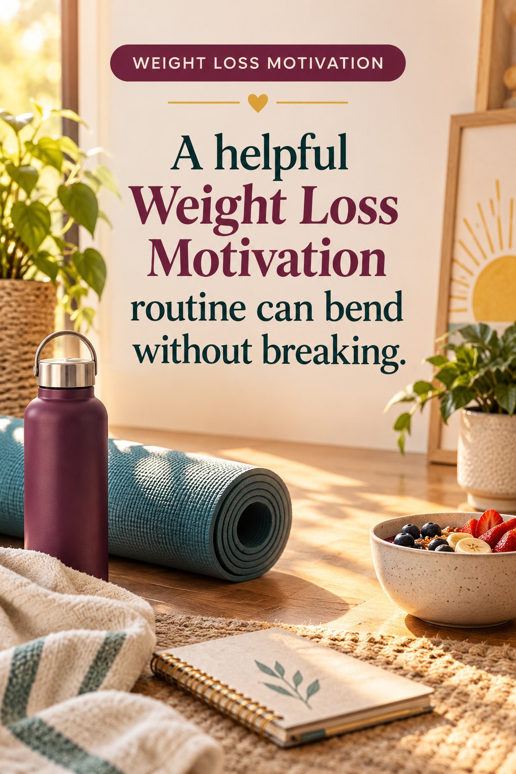Original Weight Loss Motivation quote graphic reading “A helpful Weight Loss Motivation routine can bend without breaking.” in a board-relevant editorial design.