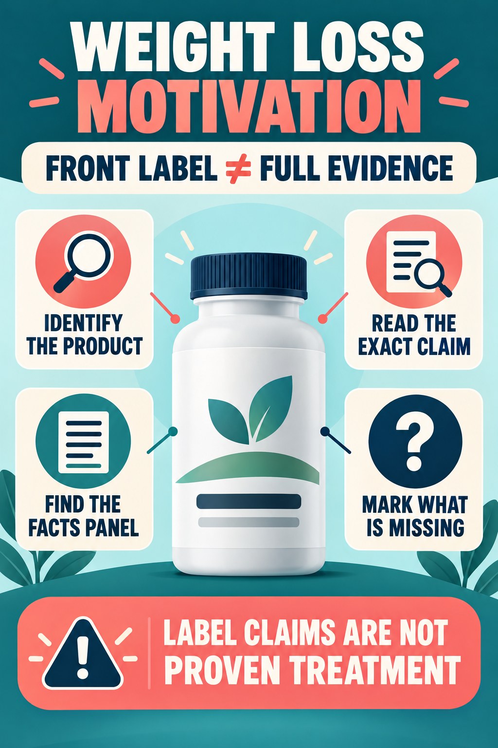 Read the Front Label Without Overreading It prostate supplement label-literacy infographic for Weight Loss Motivation with four careful reading points.